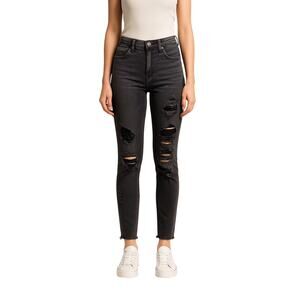 American Eagle Hi-Rise Stretch Skinny Jeans Black Distressed Ripped Sz 4 | Punk